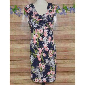 Dress Barn Blue Floral Sheath Dress Size 14 Sleeveless Scoop Neck Pullover